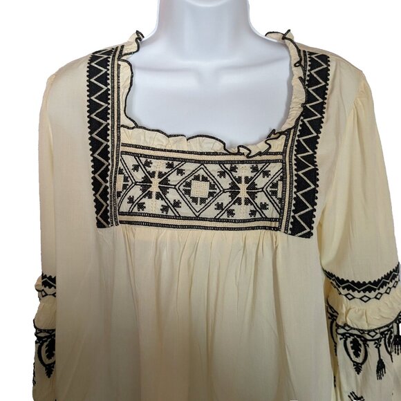 SOLITAIRE NWT Hand Made blouse top Sz S EMBROIDERY lace RUFFLE cuffs BOHO CHIC - Picture 2 of 14